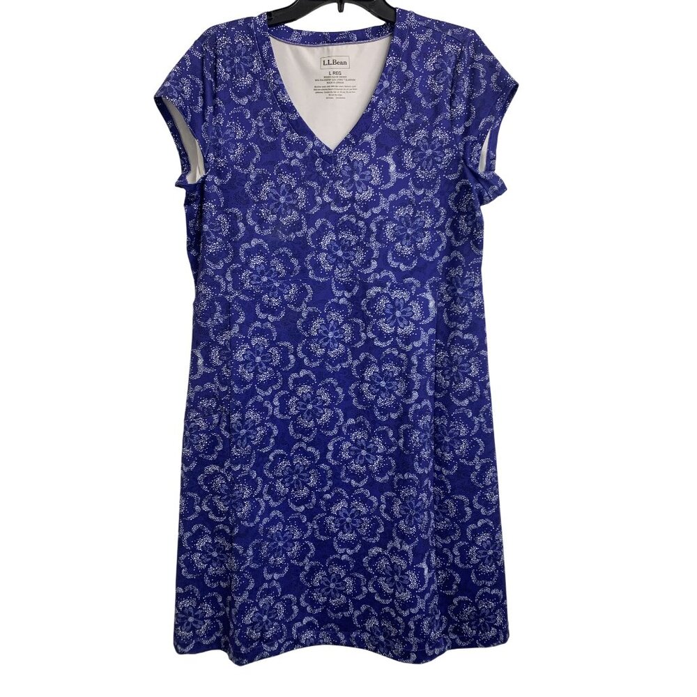 L.L. Bean‎ Blue Floral Sunsmart Jersey Dress Size L Reg